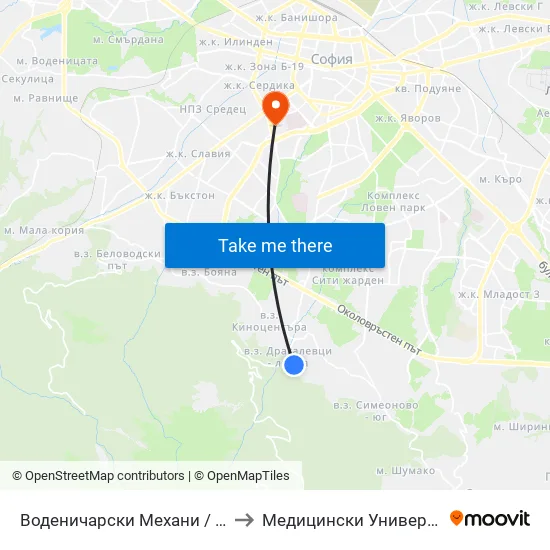 👋 Воденичарски Механи / Vodenicharski Mehani (1471) to Медицински Университет - София (Ректорат) map