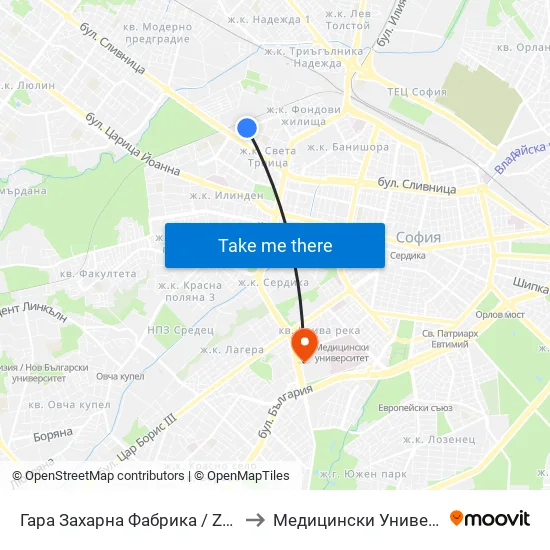 Гара Захарна Фабрика / Zaharna Fabrika Train Station (0451) to Медицински Университет - София (Ректорат) map