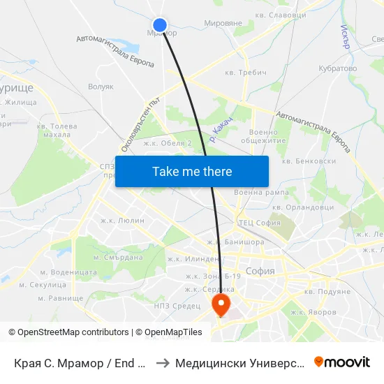 Края С. Мрамор / End Of Mramor Village (0439) to Медицински Университет - София (Ректорат) map