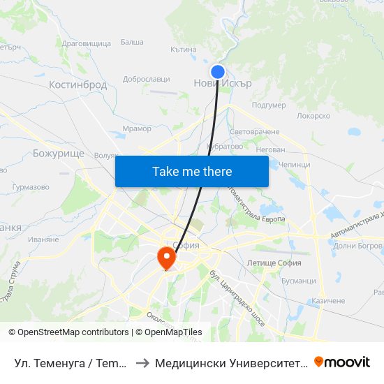 Ул. Теменуга / Temenuga St. (2200) to Медицински Университет - София (Ректорат) map