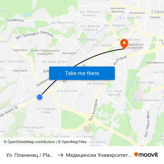 Ул. Планинец / Planinets St. (2104) to Медицински Университет - София (Ректорат) map