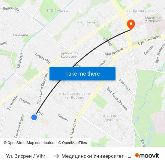 Ул. Вихрен / Vihren St. (1878) to Медицински Университет - София (Ректорат) map