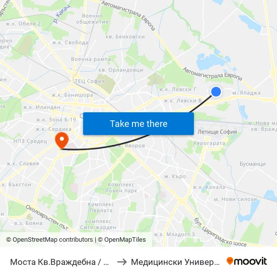 Моста Кв.Враждебна / Vrazhdebna Qr. Bridge (1093) to Медицински Университет - София (Ректорат) map