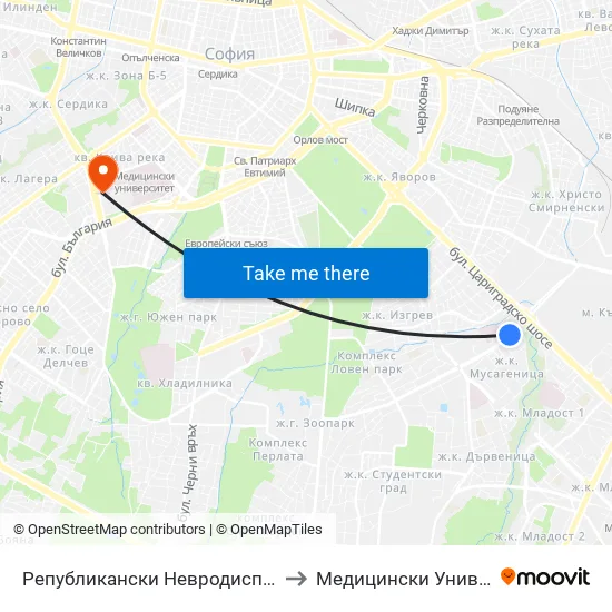 Републикански Невродиспансер / National Neurology Clinic (0492) to Медицински Университет - София (Ректорат) map