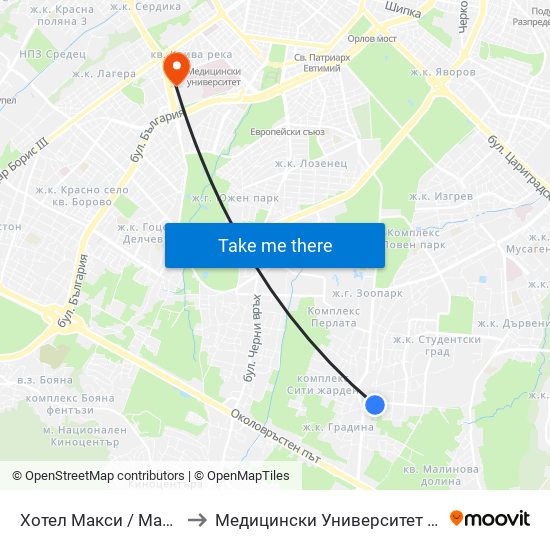 Хотел Макси / Maxi Hotel (2509) to Медицински Университет - София (Ректорат) map