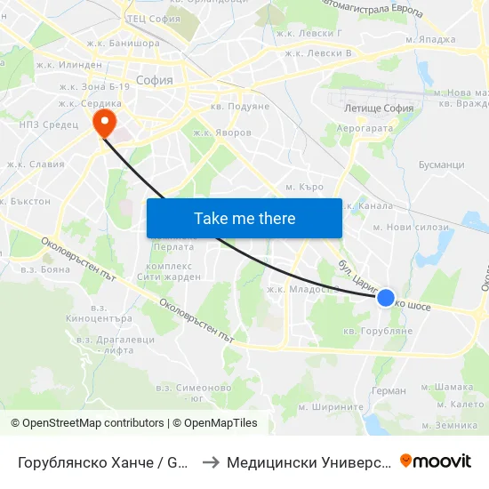 Горублянско Ханче / Gorublyansko Hanche (0497) to Медицински Университет - София (Ректорат) map