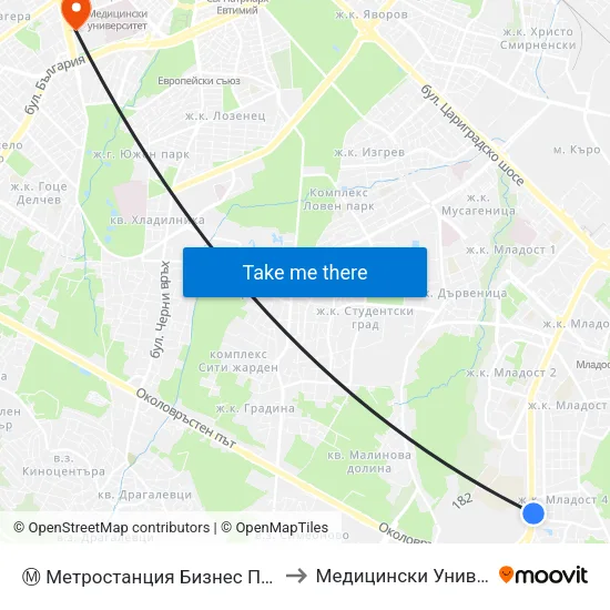 Ⓜ️ Метростанция Бизнес Парк / Business Park Metro Station (2491) to Медицински Университет - София (Ректорат) map