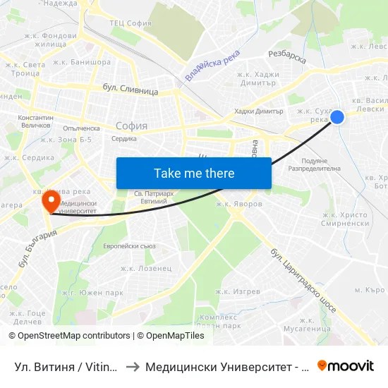 Ул. Витиня / Vitinya St. (1872) to Медицински Университет - София (Ректорат) map