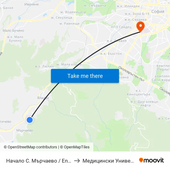 Начало С. Мърчаево / Entry To Marchaevo Village (1130) to Медицински Университет - София (Ректорат) map