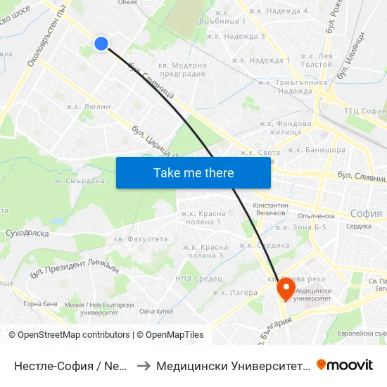 Нестле-София / Nestle Sofia (1141) to Медицински Университет - София (Ректорат) map