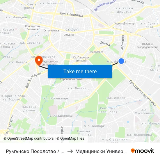 Румънско Посолство / Embassy Of Romania (1491) to Медицински Университет - София (Ректорат) map