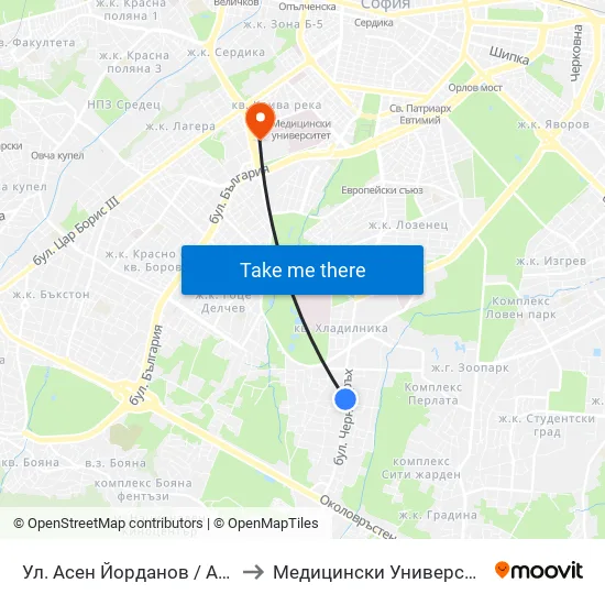 Ул. Асен Йорданов / Asen Yordanov St. (0783) to Медицински Университет - София (Ректорат) map