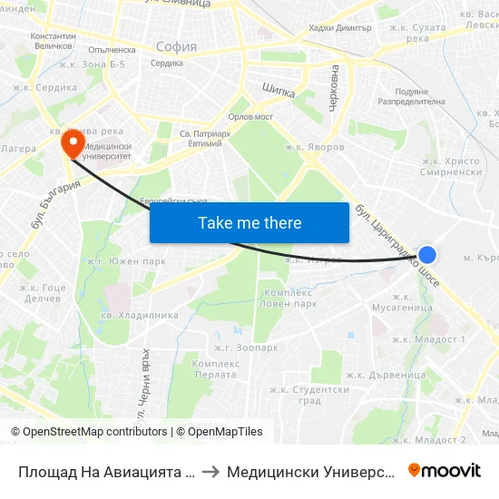 Площад На Авиацията / Aviation Square (1260) to Медицински Университет - София (Ректорат) map