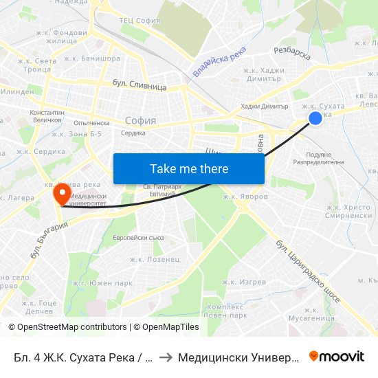 Бл. 4 Ж.К. Сухата Река / Bl. 4, Suhata Reka Qr. (0411) to Медицински Университет - София (Ректорат) map