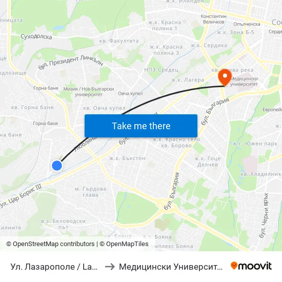 Ул. Лазарополе / Lazaropole St. (1828) to Медицински Университет - София (Ректорат) map