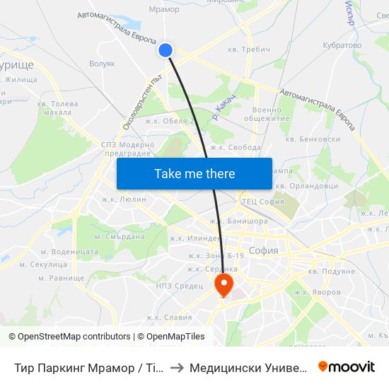 Тир Паркинг Мрамор / Tir Parking Mramor Village (2691) to Медицински Университет - София (Ректорат) map