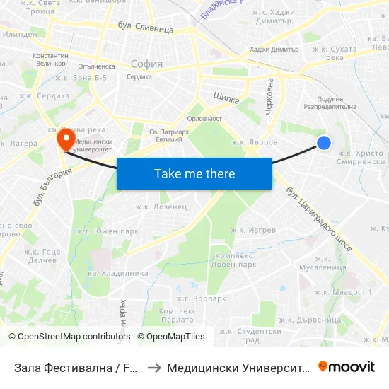 Зала Фестивална / Festivalna Hall (0729) to Медицински Университет - София (Ректорат) map