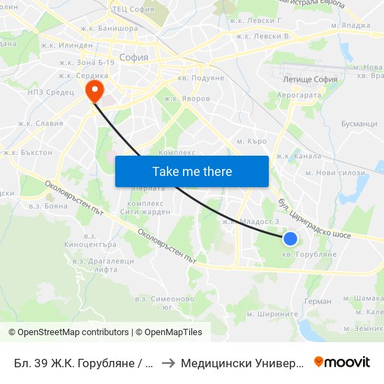 Бл. 39 Ж.К. Горубляне / Bl. 39, Gorublyane Qr. (0203) to Медицински Университет - София (Ректорат) map