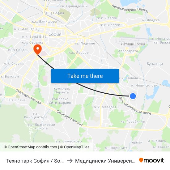 Технопарк София / Sofia Technopark (0189) to Медицински Университет - София (Ректорат) map