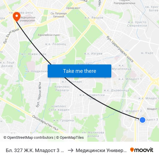 Бл. 327 Ж.К. Младост 3 / Bl. 327, Mladost 3 Qr. (0193) to Медицински Университет - София (Ректорат) map