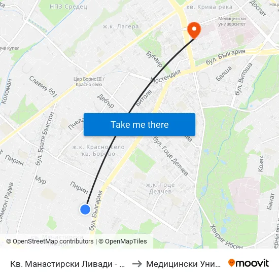 Кв. Манастирски Ливади - Запад / Manastirski Livadi - West Qr. (0581) to Медицински Университет - София (Ректорат) map