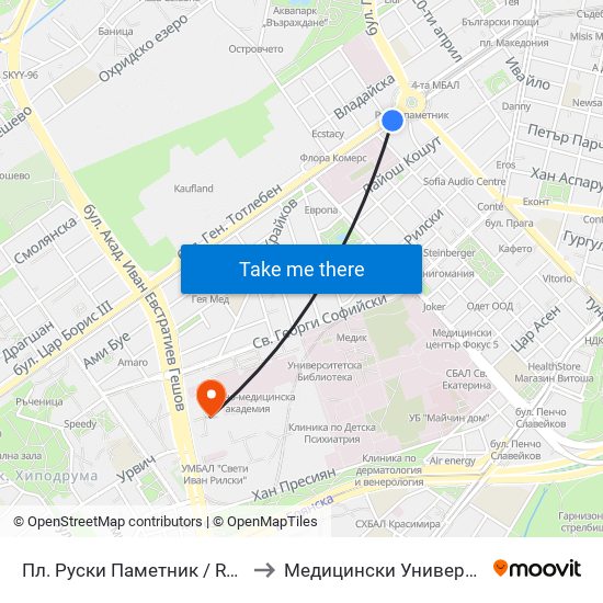 Пл. Руски Паметник / Russian Monument Sq. (1299) to Медицински Университет - София (Ректорат) map