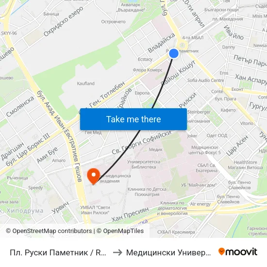 Пл. Руски Паметник / Russian Monument Sq. (1299) to Медицински Университет - София (Ректорат) map