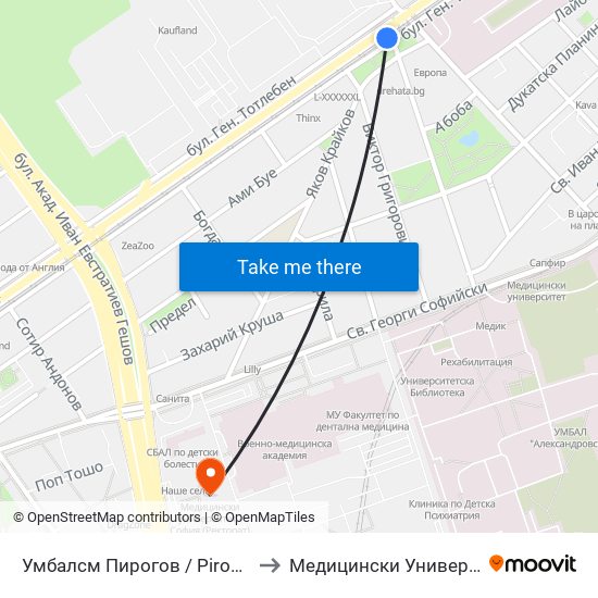 Умбалсм Пирогов / Pirogov Emergency Hospital (0759) to Медицински Университет - София (Ректорат) map