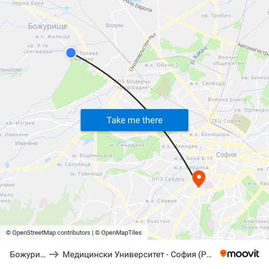 Божурище to Медицински Университет - София (Ректорат) map