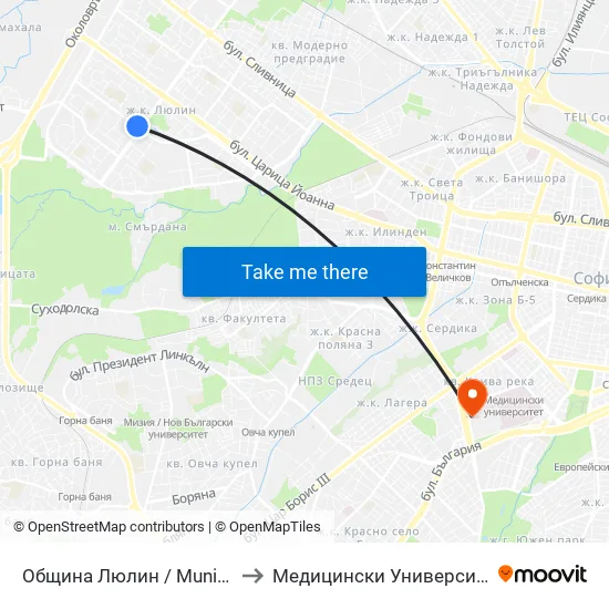 Община Люлин / Municipality Of Lyulin (1716) to Медицински Университет - София (Ректорат) map