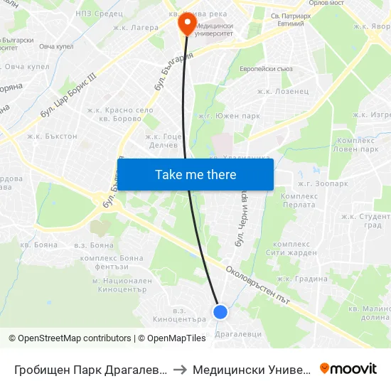 Гробищен Парк Драгалевци / Dragalevtsi Cemetery (6694) to Медицински Университет - София (Ректорат) map