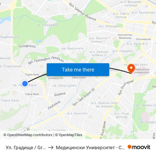 Ул. Градище / Gradishte St. to Медицински Университет - София (Ректорат) map
