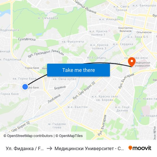 Ул. Фиданка / Fidanka St. to Медицински Университет - София (Ректорат) map
