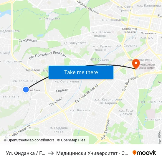 Ул. Фиданка / Fidanka St. to Медицински Университет - София (Ректорат) map