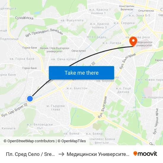 Пл. Сред Село / Sred Selo Sq. (2847) to Медицински Университет - София (Ректорат) map