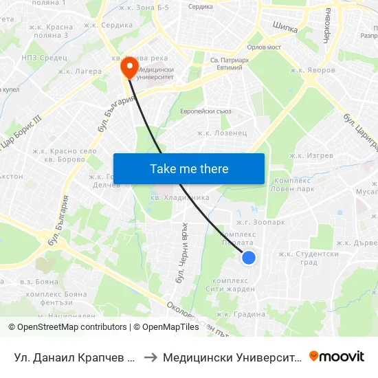 Ул. Данаил Крапчев / Danail Krapchev St. to Медицински Университет - София (Ректорат) map