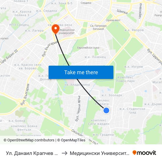 Ул. Данаил Крапчев / Danail Krapchev St. to Медицински Университет - София (Ректорат) map