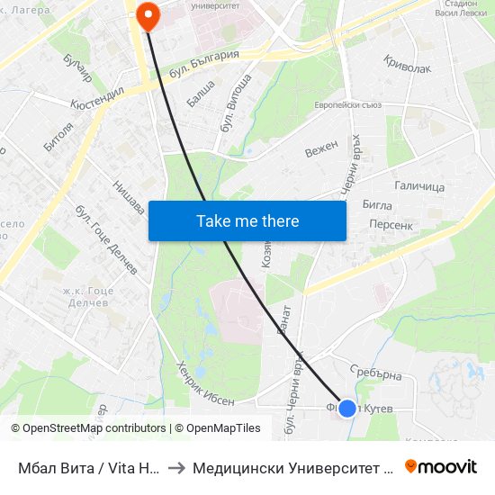 Мбал Вита / Vita Hospital (2784) to Медицински Университет - София (Ректорат) map