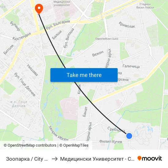 🐘 Зоопарка / City Zoo (2781) to Медицински Университет - София (Ректорат) map