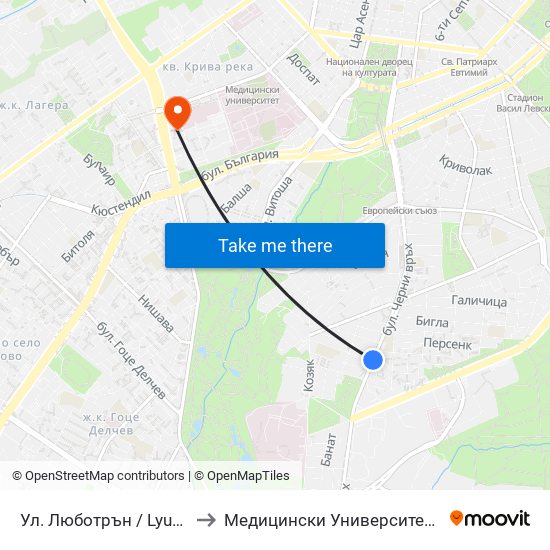 Ул. Люботрън / Lyubotran St. (2038) to Медицински Университет - София (Ректорат) map
