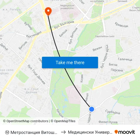Ⓜ️ Метростанция Витоша / Vitosha Metro Station (0911) to Медицински Университет - София (Ректорат) map