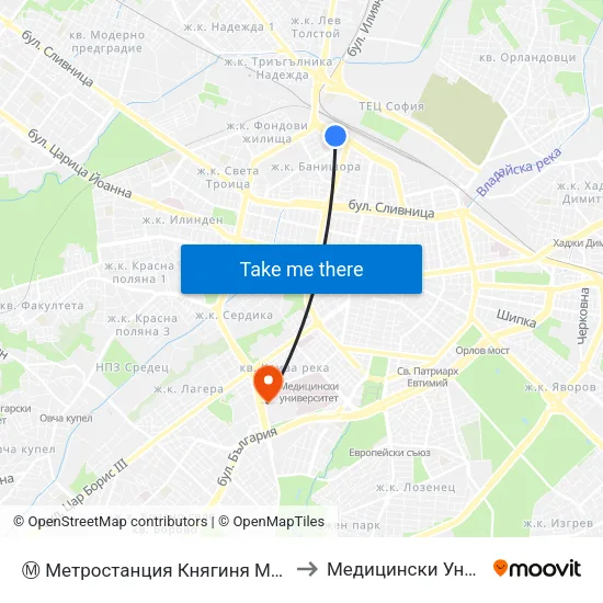 Ⓜ️ Метростанция Княгиня Мария Луиза / Kn. Maria Luisa Metro Station (6430) to Медицински Университет - София (Ректорат) map