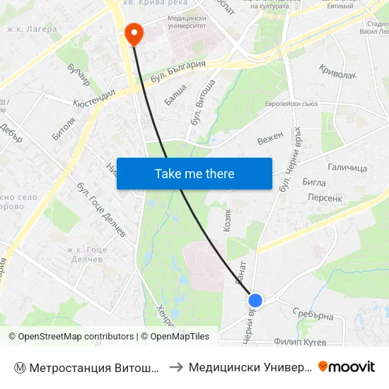 Ⓜ️ Метростанция Витоша / Vitosha Metro Station (0910) to Медицински Университет - София (Ректорат) map