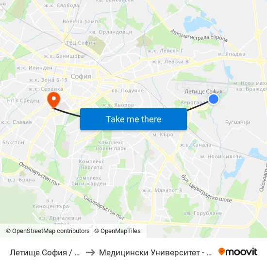 ✈️ Летище София / Sofia Airport to Медицински Университет - София (Ректорат) map