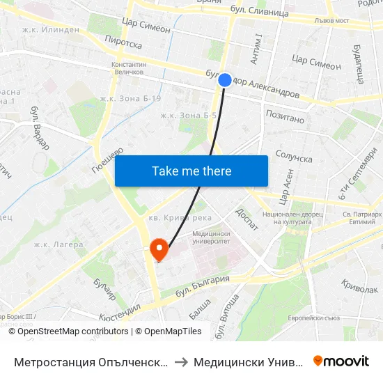 Ⓜ️ Метростанция Опълченска / Opalchenska Metro Station (6408) to Медицински Университет - София (Ректорат) map