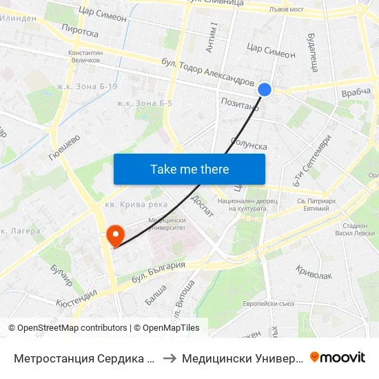 Ⓜ️ Метростанция Сердика / Serdika Metro Station (6454) to Медицински Университет - София (Ректорат) map