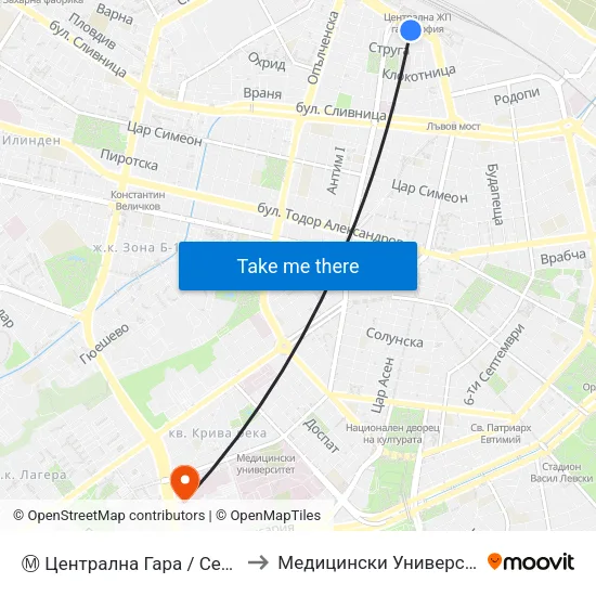 Ⓜ️ Централна Гара / Central Railway Station (1333) to Медицински Университет - София (Ректорат) map