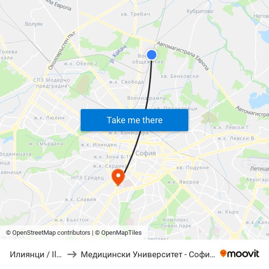 Илиянци / Iliyantsi to Медицински Университет - София (Ректорат) map