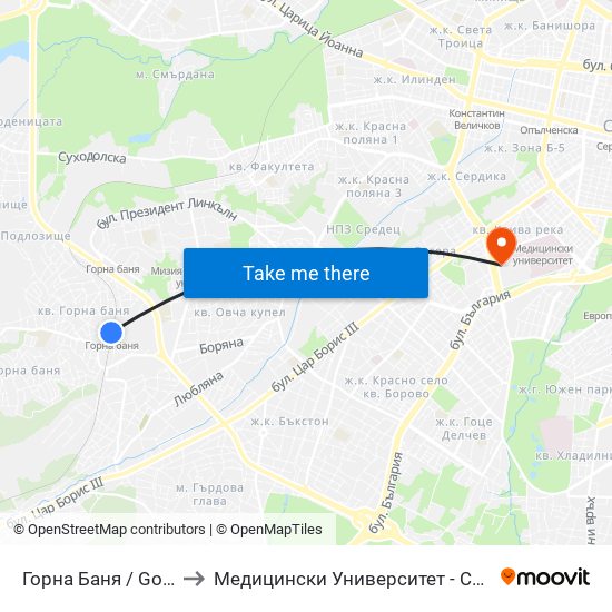Горна Баня / Gorna Banya to Медицински Университет - София (Ректорат) map