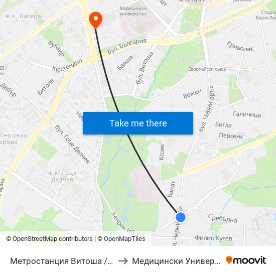 Ⓜ️ Метростанция Витоша / Vitosha Metro Station (0912) to Медицински Университет - София (Ректорат) map